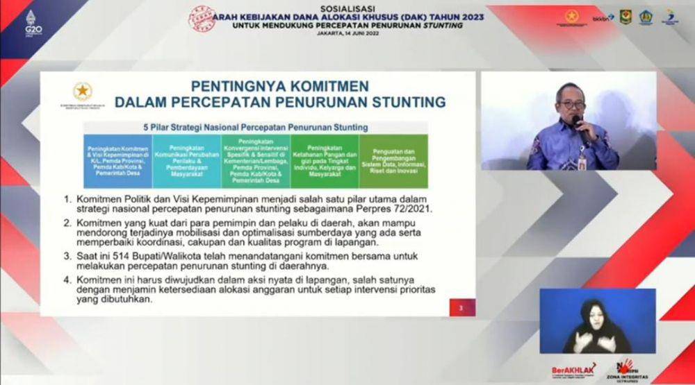 Sosialisasi Kebijakan Dana Alokasi Khusus (DAK) Stunting Tahun 2023 yang disiarkan secara daring, Selasa (14/6/2022). (YouTube/TP2AK Stunting).