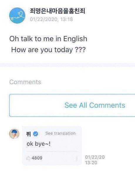 komentar balasan V pada Army dalam bahasa Inggris (twitter.com/@onlybtsrule)