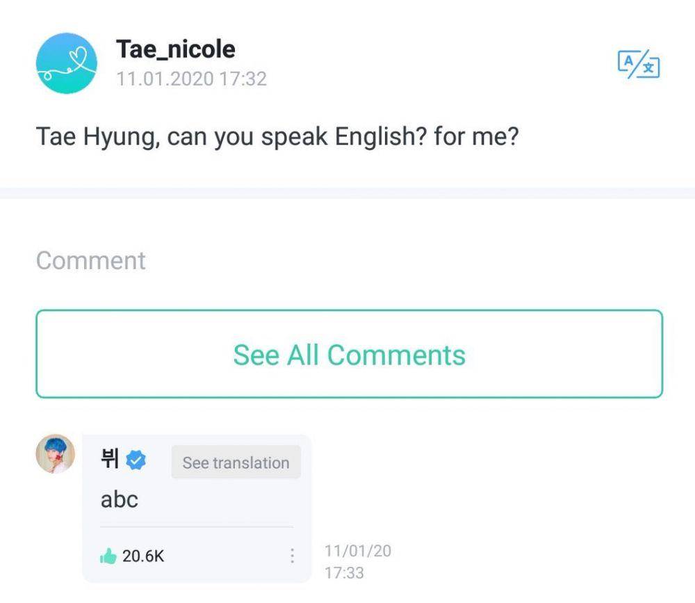 komentar balasan V pada Army dalam bahasa Inggris (twitter.com/@onlybtsrule)