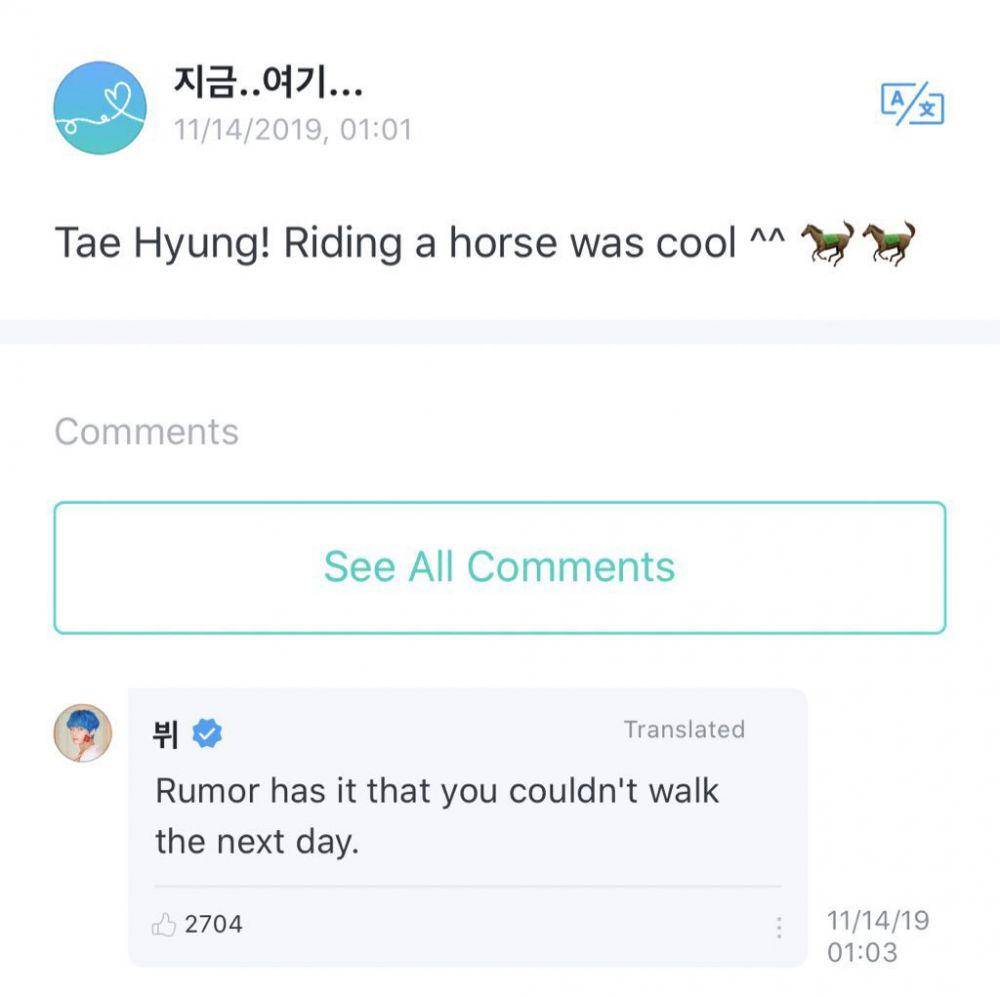komentar balasan V pada Army di Weverse (twitter.com/@onlybtsrule)