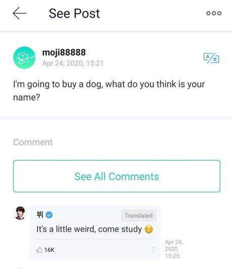komentar balasan V pada Army di Weverse (twitter.com/@onlybtsrule)