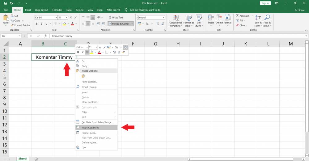 ilustrasi cara menambahkan komentar di Excel (dok. pribadi/Nurul M)