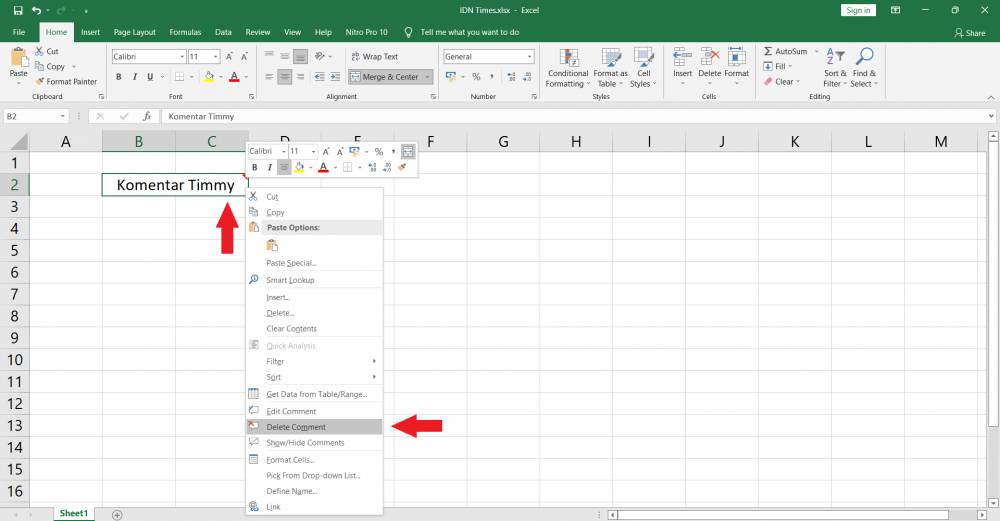 ilustrasi cara menghapus komentar di Excel (dok. pribadi/Nurul M)