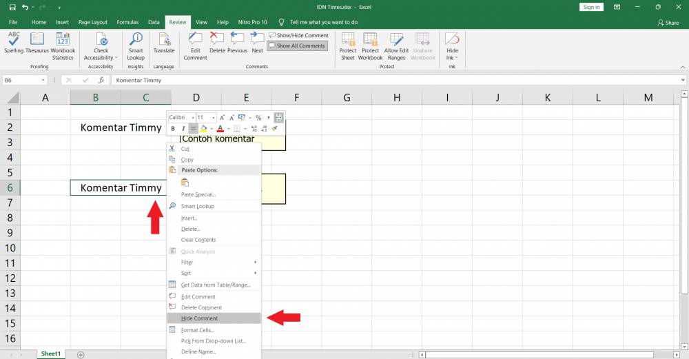 ilustrasi cara menyembunyikan komentar di Excel (dok. pribadi/Nurul M)