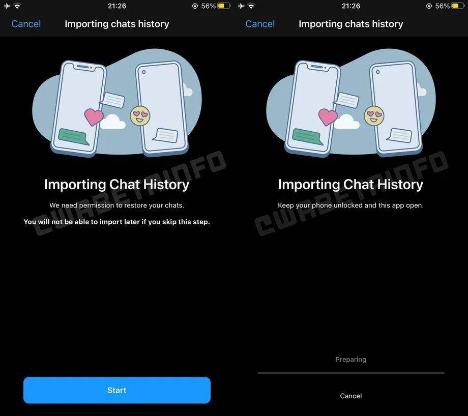 tangkapan layar fitur transfer data dari Android ke iOS pada versi beta WhatsApp iOS Januari 2022 lalu (wabetainfo.com)