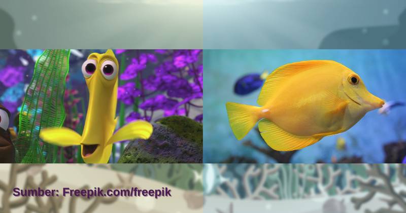karakter Bubbles dan ilustrasi yellow tang (dok. Pixar Animation Studios/Finding Nemo | unsplash.com/Bobby Mc Leod)