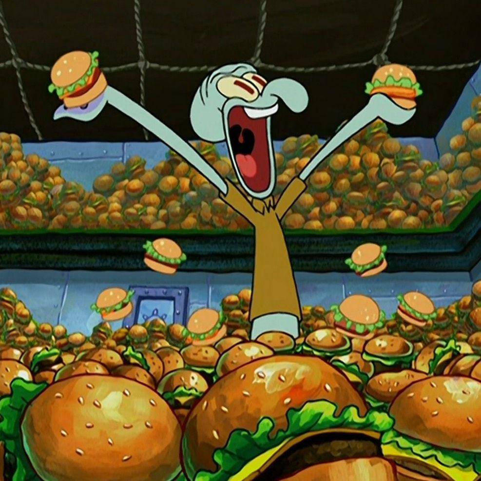 Squidward memakan krabby patty (spongebob.fandom.com)