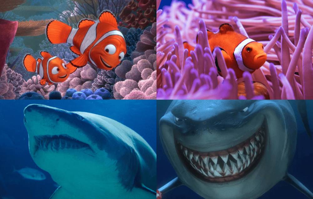 perbandingan karakter Finding Nemo di film dan dunia nyata (dok. Pixar Animation Studios/Finding Nemo | unsplash.com/David Clode | unsplash.com/Anton Chernyavskiy | dok. Pixar Animation Studios/Finding Nemo)