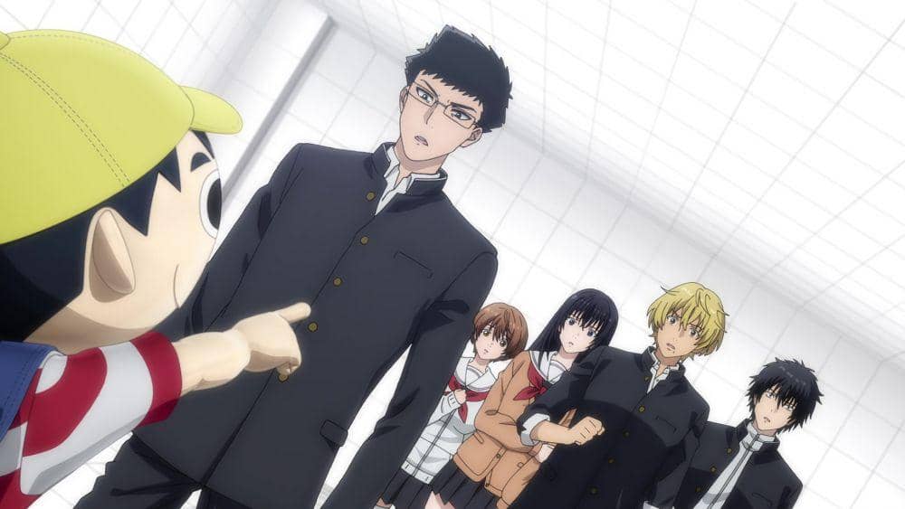 Tenji, Shiho, Kokorogi, Shibe, dan Yūichi bertemu Manabu dalam Friends Game. (dok. Okuruto Noboru/Friends Game)