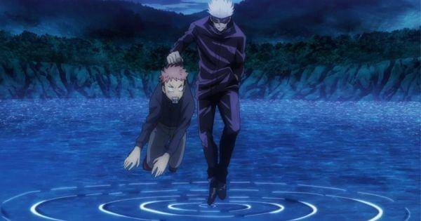 Gojo dan Yuji berpindah dari kamar rahasia ke danau tempatnya bertarung dengan Jogo (Dok. Mappa / Jujutsu Kaisen)
