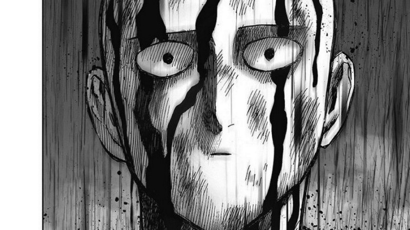 Saitama terkena guyuran hujan hitam. (Dok. Shueisha/One Punch Man)