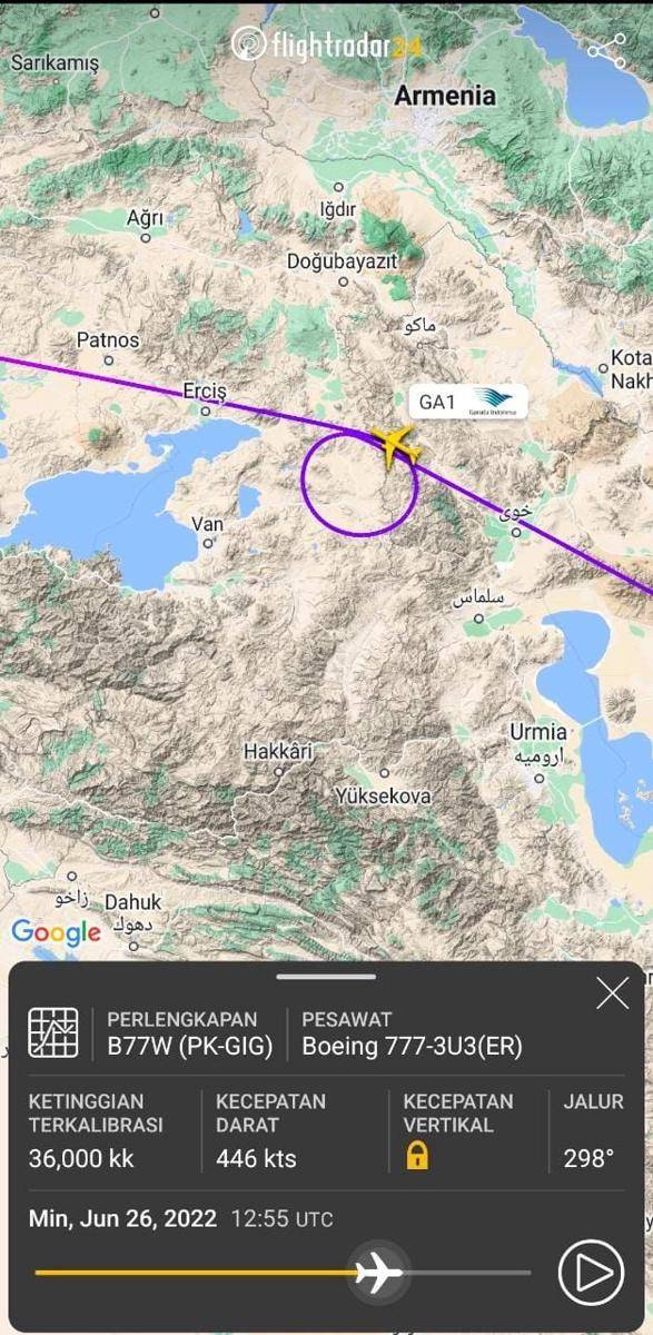 Pesawat Garuda Indonesia (GA1) yang ditumpangi Jokowi ke Jerman sempat berputar 360 derajat di perbatasan Iran-Turki (tangkap layar Flightradar24)
