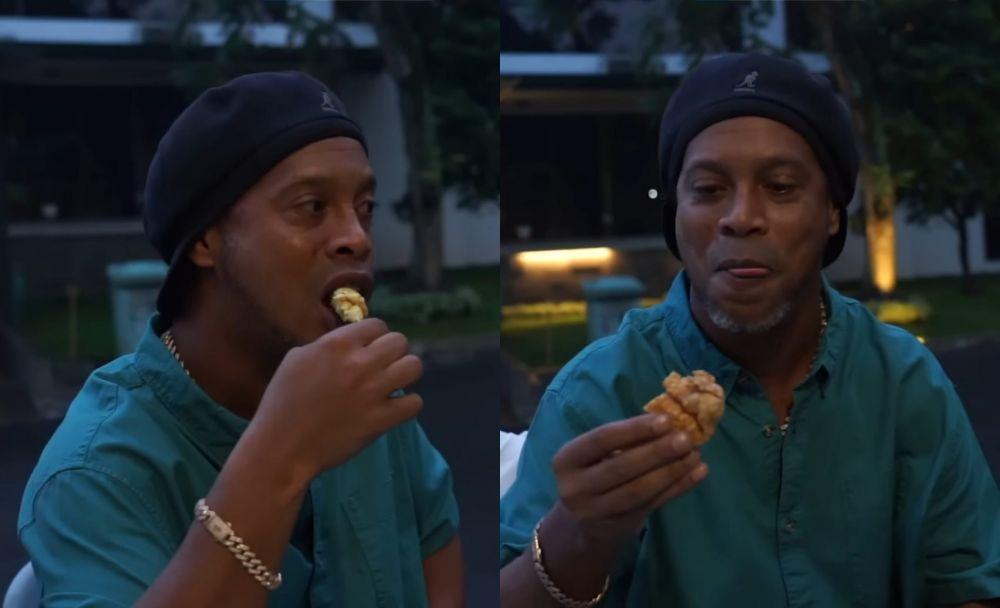 10 Potret Ronaldinho Makan Jajanan Indonesia, Suka Telur Gulung