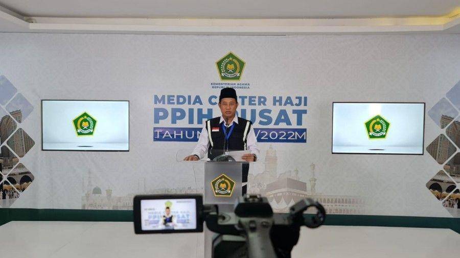 Juru Bicara Panitia Penyelenggara Ibadah Haji (PPIH), Akhmad Fauzin, saat Konferensi Pers di Asrama Haji Pondok Gede, Jakarta, Selasa (28/6/2022). (Dok. Kemenag).