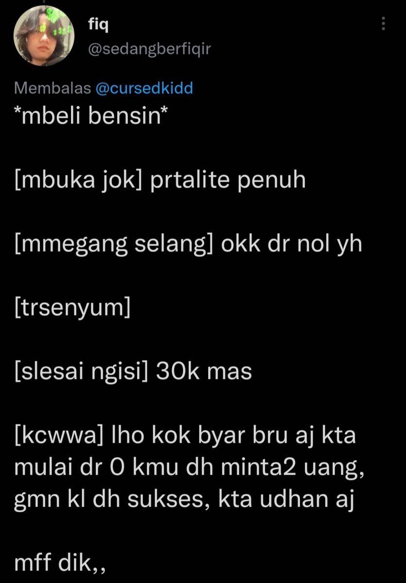 Cuitan Netizen ketika beli bensin (Twitter.com/sedangberfiqir)