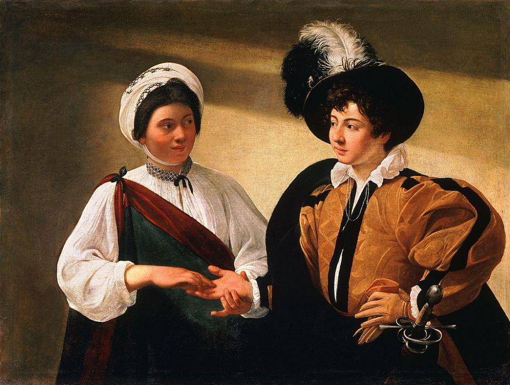 ilustrasi lukisan seorang pembaca garis tangan (The Fortune Teller karya Caravaggio)