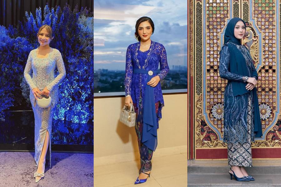 Kebaya brokat biru. instagram.com/delmiraprabu / instagram.com/prillylatuconsina96 / instagram.com/ashanty_ash)