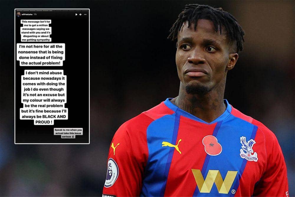 Unggahan story Instagram Wilfried Zaha menyikapi tindakan rasisme yang ditujukan kepada dirinya. (twitter.com/MirrorFootball)