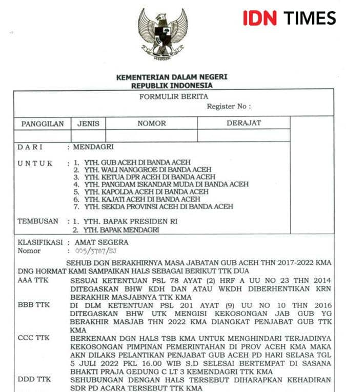 Surat undangan pelantikan Pj gubernur Aceh. (Dokumentasi Istimewa)