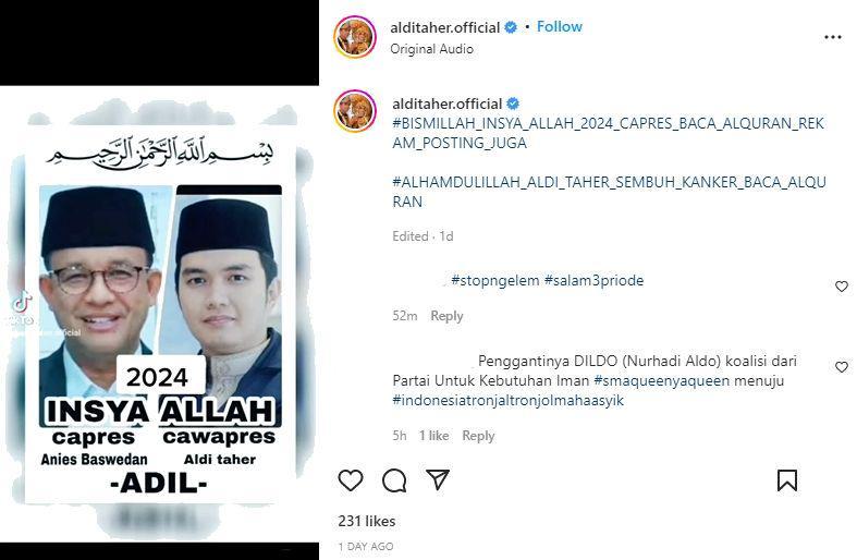 Aldi Taher mau jadi Cawapres Anies Baswedan. (instagram.com/alditaher.official)