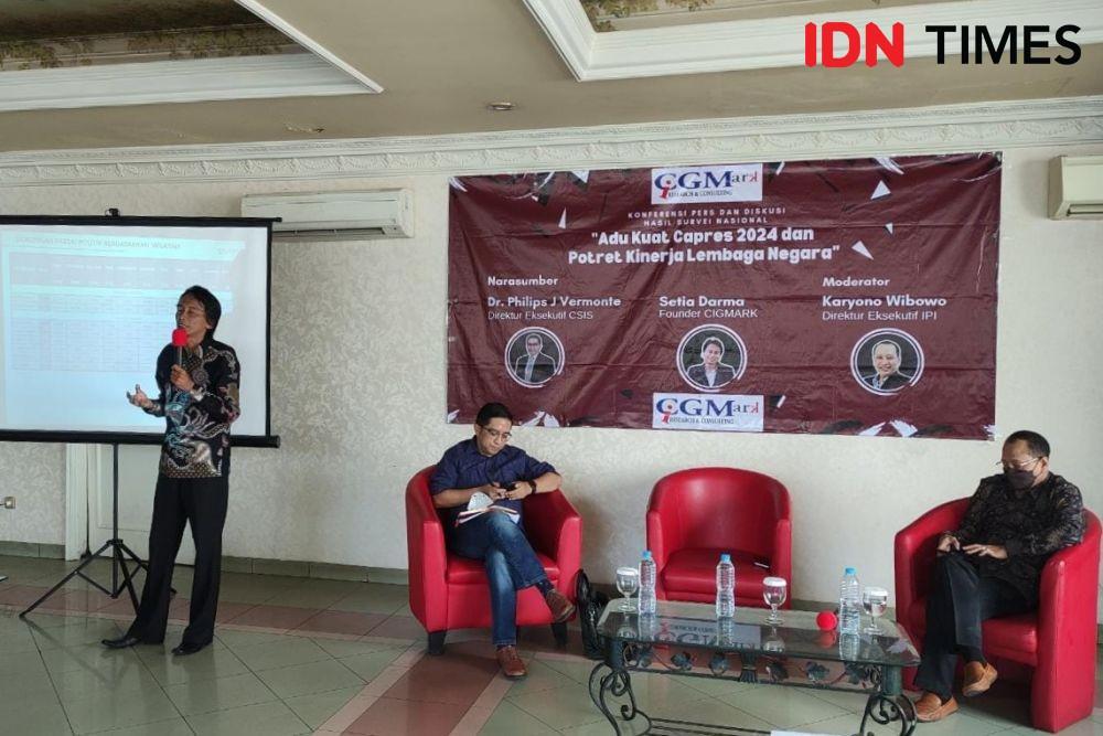 Konferensi pers dan diskusi hasil survei nasional CiGMark di Jakarta Pusat, Selasa (5/6/2022). (IDN Times/Yosafat Diva)
