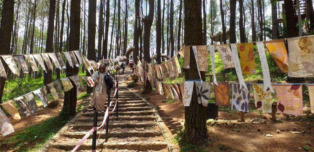 583 kerajinan ecoprint digantungkan menggunakan tali di hutan pinus Puncak Becici, Bantul, Yogyakarta (12/11/2020). (thejakartapost.com)