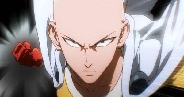 Saitama mengenakan kostum pahlawan kuning dengan jubah putih dalam adegan opening musim pertama anime One Punch Man.