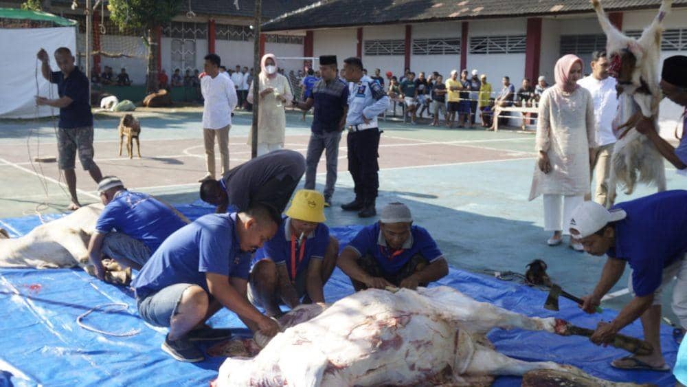 Sejumlah narapidana Lapas Kedungpane saat sibuk menguliti kambing kurban. (Dok Humas Lapas Kedungpane Semarang)