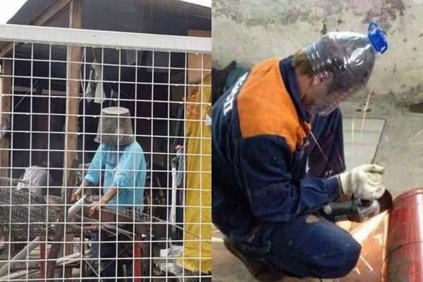 10 Potret Tukang Bangunan Pakai Alat Pelindung Low Budget, Ngaco Abis!