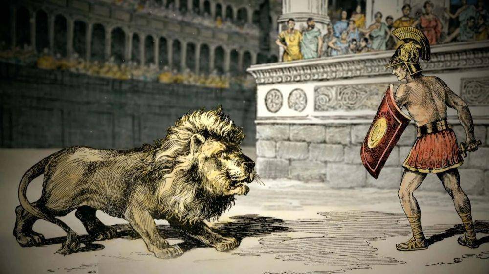 ilustrasi gladiator bestiarii melawan singa (drivethruhistory.com)