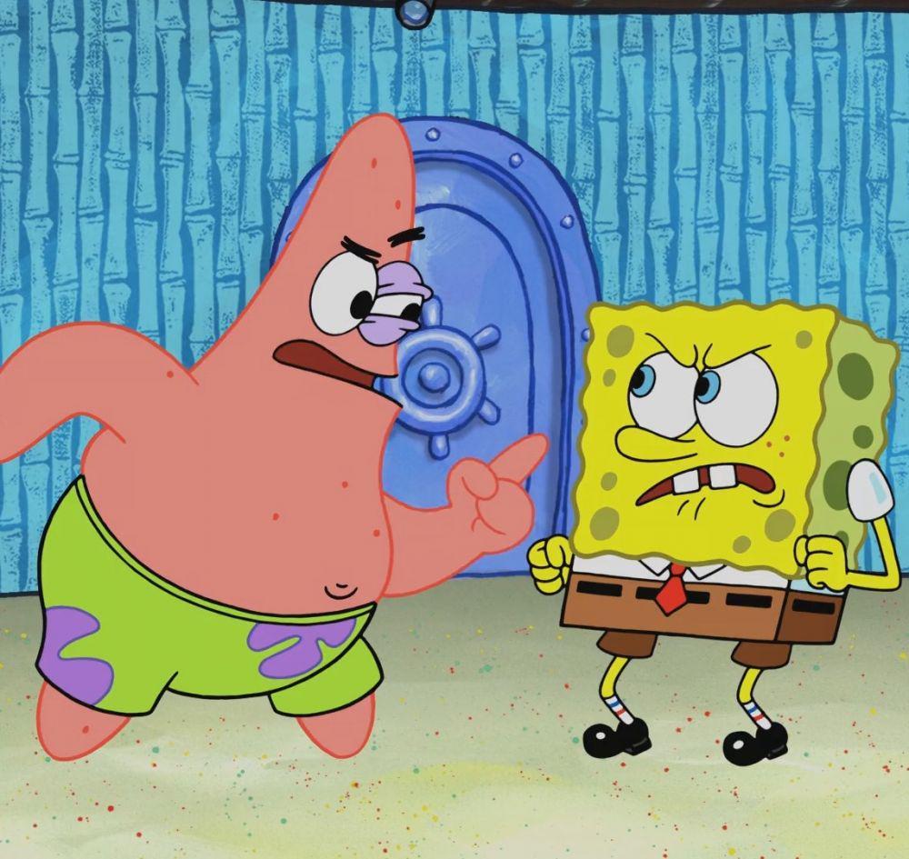 Spongebob dan Patrick bertengkar ketika dijadikan objek penelitian Sandy (spongebob.fandom.com)