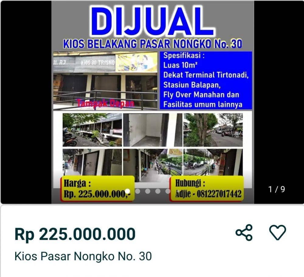 Kios Pasar Nongko Solo dijual. (Dok/olx co.id)