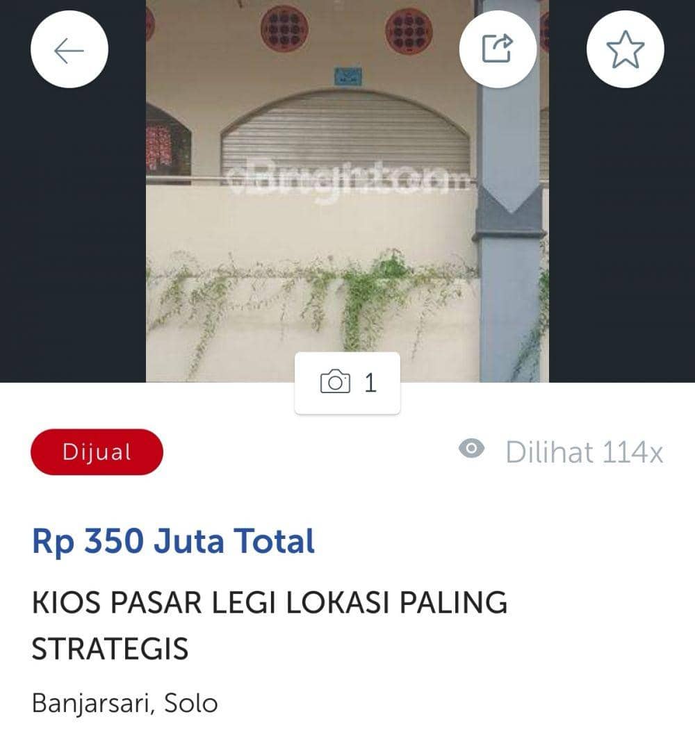 Kios Pasar Legi dijual online. (Dok/rumah123.com)