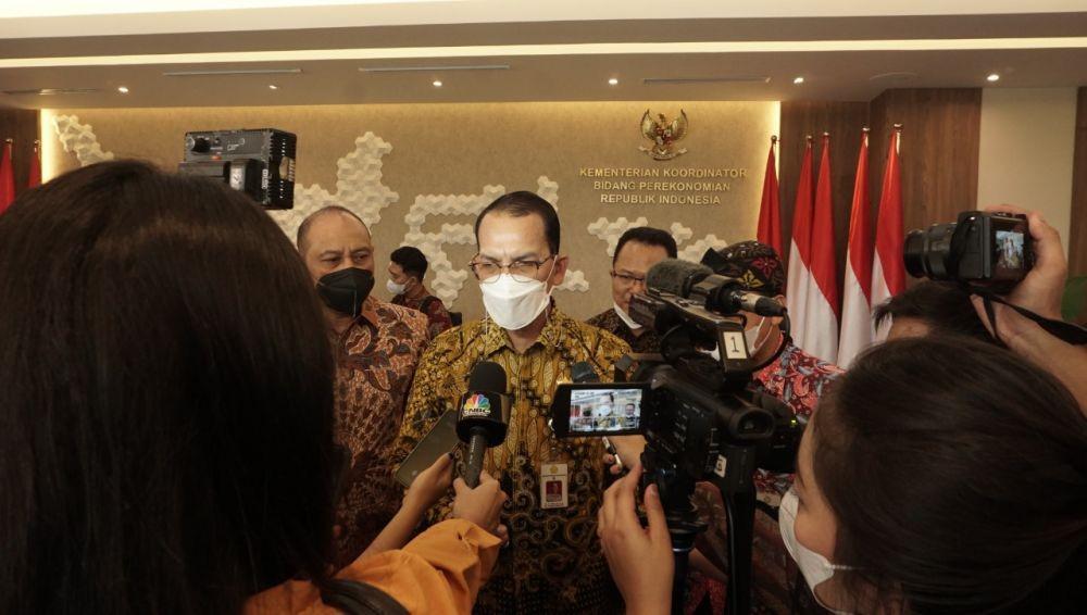 Direktur Jenderal Prasarana dan Sarana Pertanian (PSP) Kementerian Pertanian (Kementan), Ali Jamil, dalam jumpa pers di Kantor Kementerian Koordinator Bidang Perekonomian Jumat, (15/72022). (Dok. Kementan)