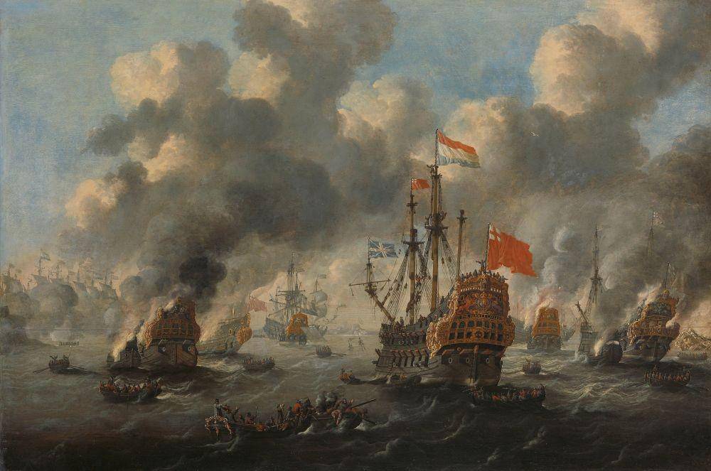 lukisan armada laut Belanda menenggelamkan kapal Inggris di Sungai Medway (wikimedia.org)