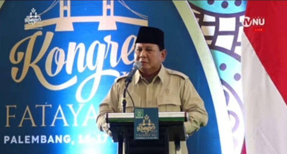 Menteri Pertahanan Prabowo Subianto ketika hadir di Fatayat NU di Palembang, Sumatera Selatan pada Jumat, 15 Juli 2022. (Tangkapan layar YouTube NU)