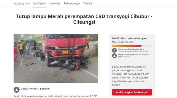 Petisi penutupan lampu merah CBD Transyogi, Cibubur, di change.org.