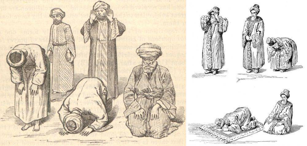 ilustrasi gerakan salat zaman dahulu (commons.wikimedia.org/David Samuel Margoliouth | commons.wikimedia.org/Karl Baedeker)