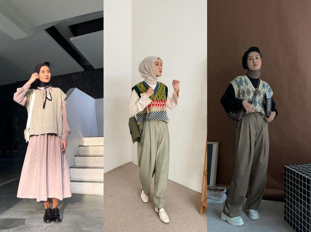 14 Ide Padu Padan Knit Vest ala Inas Rana, Stylish dan Trendi