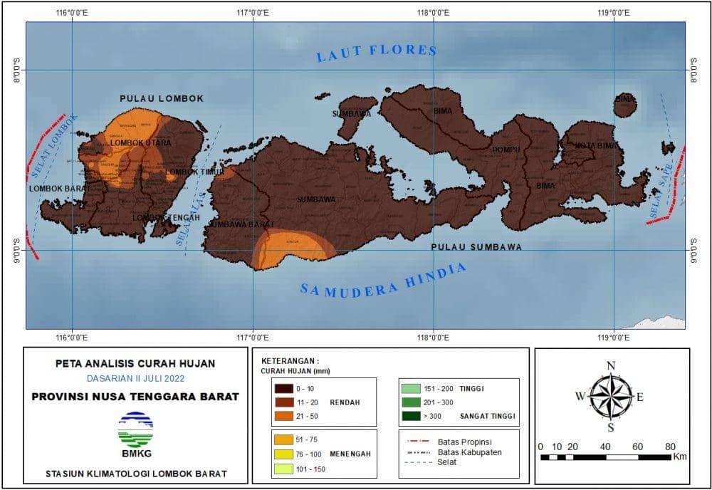 Peta analisis curah hujan di NTB. (Dok. BMKG Stasiun Klimatologi NTB)