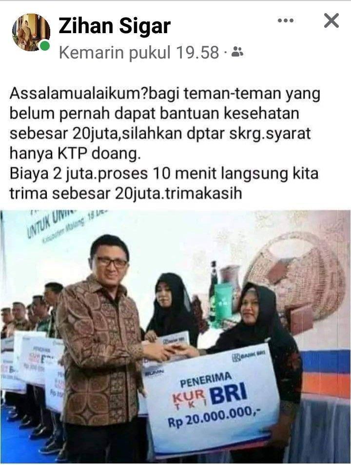 Foto viral BRI Beri Bantuan Rp 20 Juta (Dok. facebook Zihan Sigar)