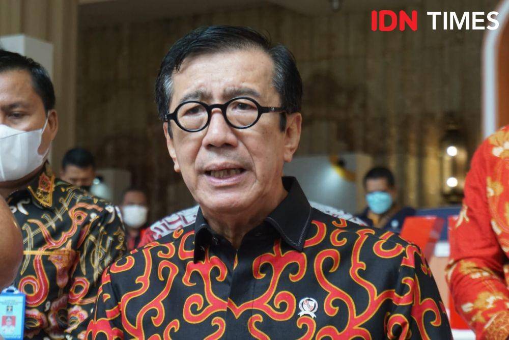 Menteri Hukum dan HAM, Yasonna Laoly, di Hotel Tentrem, Kota Yogyakarta, Kamis (21/8/2022). (IDN Times/Tunggul Damarjati)
