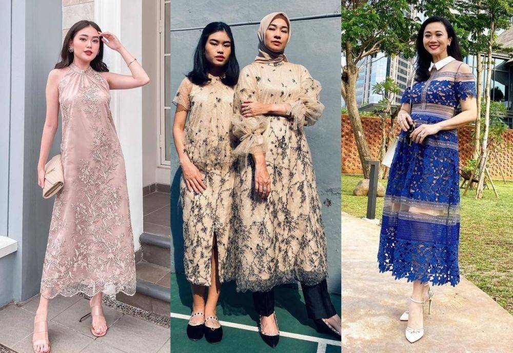 Dress midi brokat (instagram.com/vaniarahardja | instagram.com/arohali | instagram.com/2gek_ayuhenirosan)