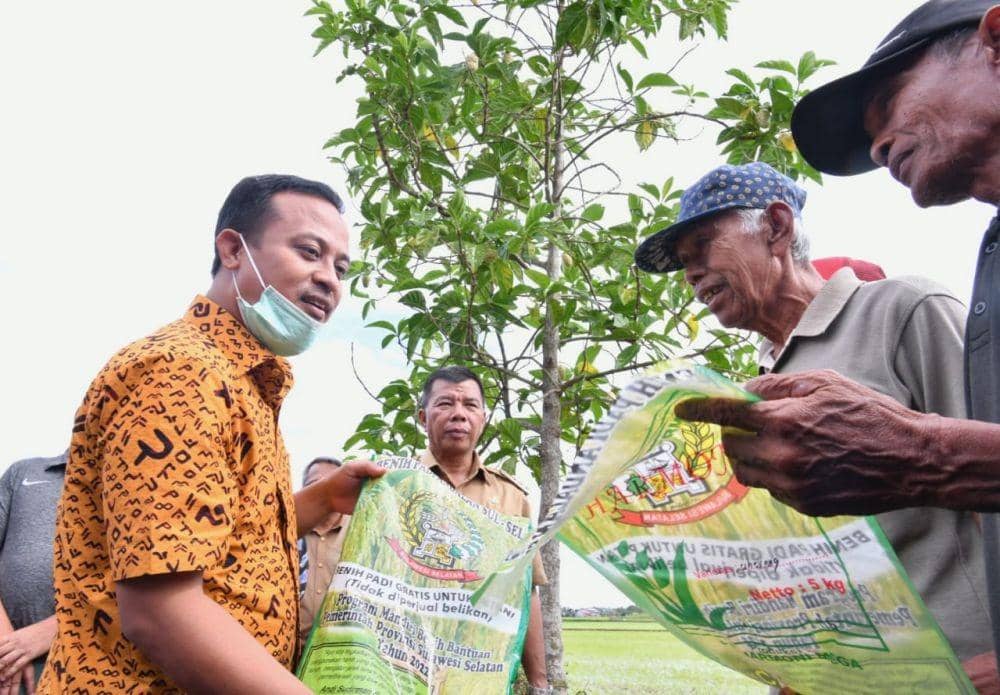 Gubernur Sulsel Andi Sudirman Sulaiman menyalurkan bantuan benih padi gratis dari Pemprov Sulsel untuk petani. (Dok. Istimewa)