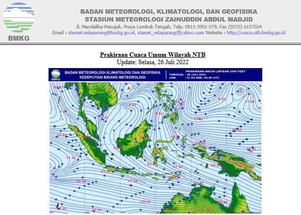 Prakiraan cuaca di NTB, Selasa (26/7/2022). (Dok. BMKG Stasiun Meteorologi ZAM)