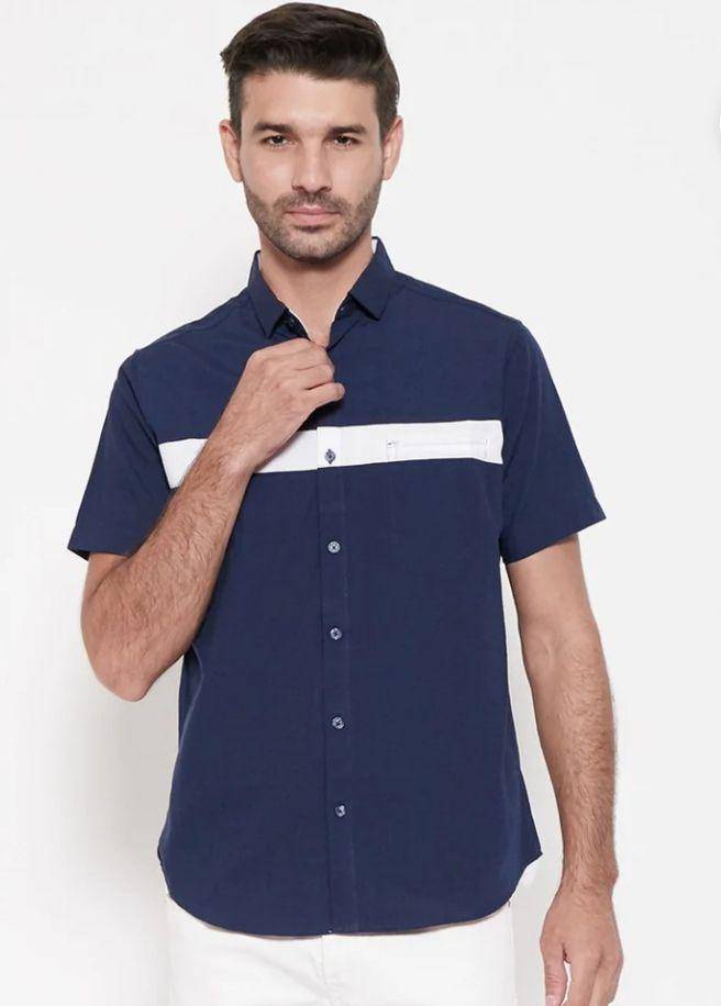 M231 | Kemeja Pria Basic Combination Oxford Pendek Warna Navy (m231.com)
