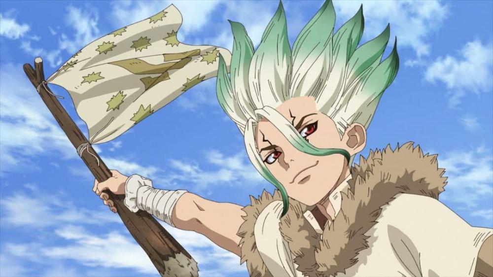 Momen Senkuu mengangkat bendera untuk mendirikan kerajaan sains yang jadi salah satu tujuan cerita Dr. Stone. (instagram.com/dr.stone.en)