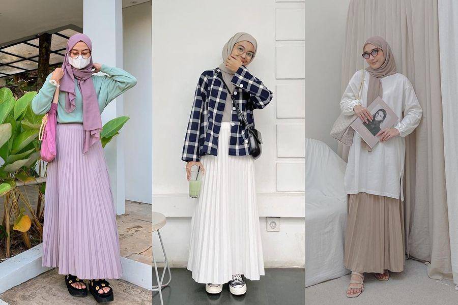 OOTD hijab untuk kuliah dengan rok plisket yang paling mudah disontek (instagram.com/lintangrainaa | instagram.com/rahmi.apr | instagram.com/denisarani)