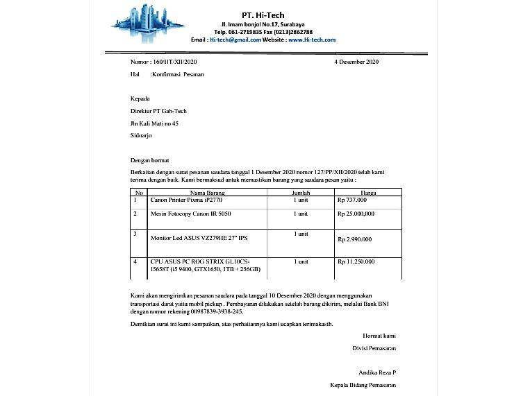 contoh surat konfirmasi pesanan (Scribd.com/AndikaReza)