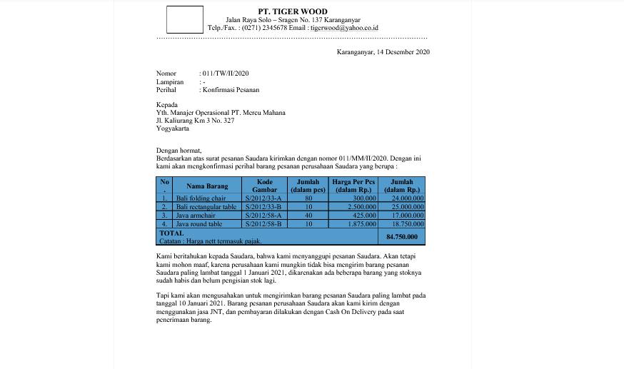 contoh surat konfirmasi pesanan (Scribd.com/RoisfatulKhasanah)